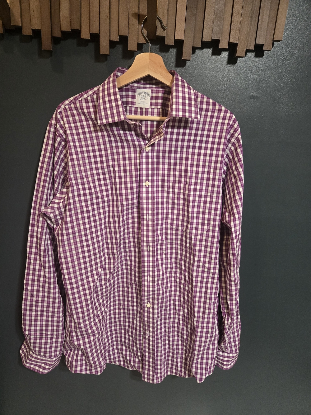 Brooks Brothers Purple and White Gingham Button-Up Dress Shirt